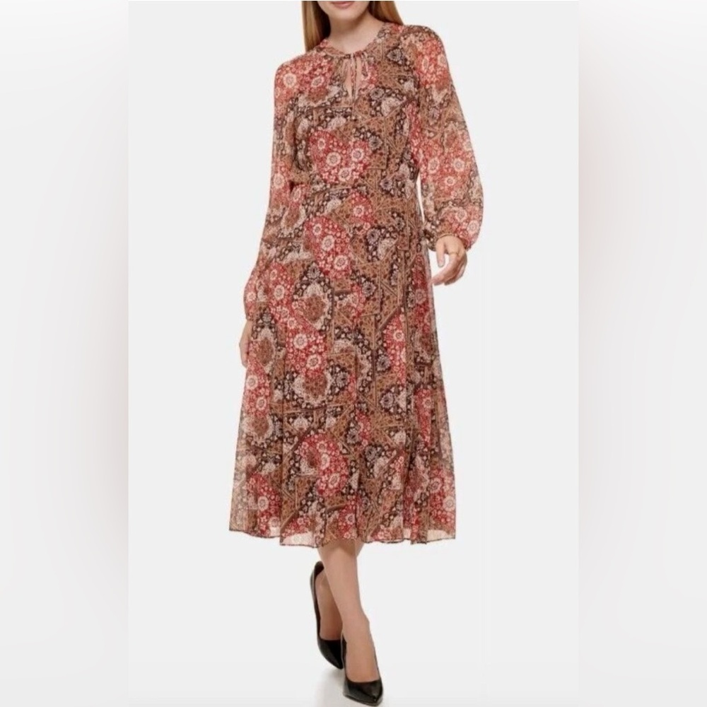 Tommy Hilfiger Plus Size Long Sleeve Tie Neck Paisley Chiffon Midi Dress, Sz.22